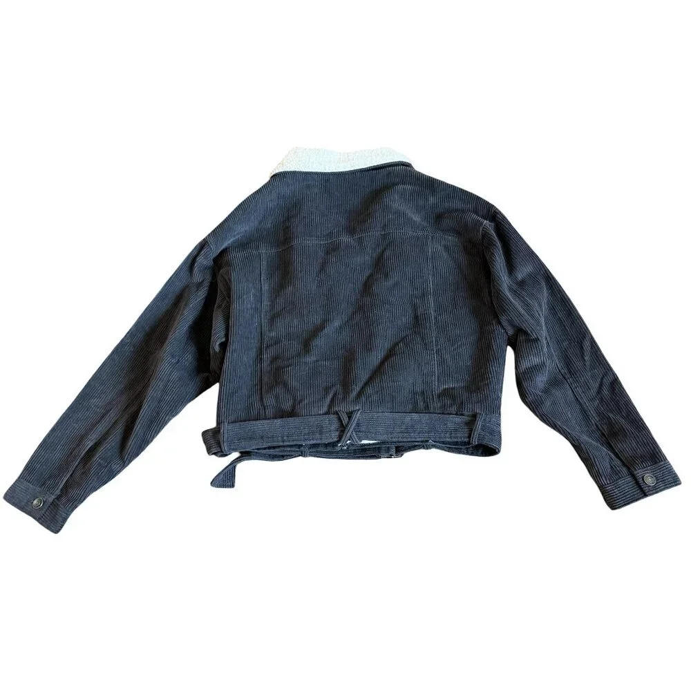 Fashion on Earth Grey Corduroy Asymmetrical Jacket Sherpa Lined Belted Sz Medium